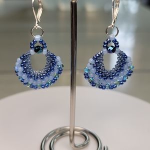 Hand-made Bead Woven Blue Fan Earrings